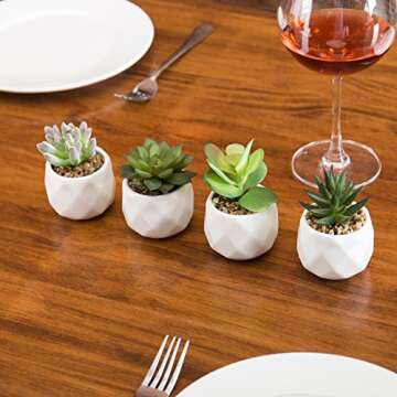MyGift Mini Faux Assorted Succulent Plants in Faceted Ceramic Planters, Set of 4