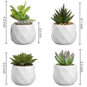 MyGift Mini Faux Assorted Succulent Plants in Faceted Ceramic Planters, Set of 4