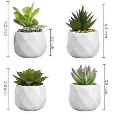 MyGift Mini Faux Assorted Succulent Plants in Faceted Ceramic Planters, Set of 4