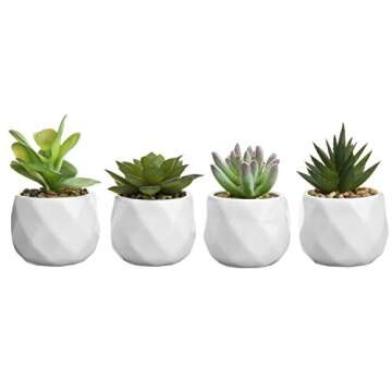 MyGift Mini Faux Assorted Succulent Plants in Faceted Ceramic Planters, Set of 4