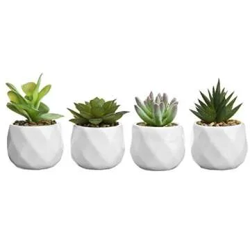MyGift Mini Faux Assorted Succulent Plants in Faceted Ceramic Planters, Set of 4