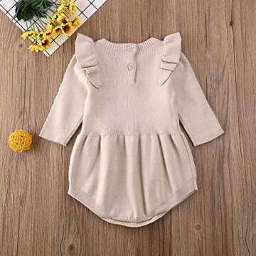 Newborn Baby Girl Boy Knit Sweater Romper Neutral One Piece Bodysuit Pullover Fall Winter Clothes (Y3 Ruffle Beige, 9-12M)
