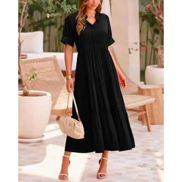 dowerme Women's Summer V Neck Short Sleeve Shirt Dresses 2025 Button Up Loose Fit Pleated Boho Flowy Midi Dress(Solid Black,Small)