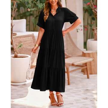 dowerme Women's Summer V Neck Short Sleeve Shirt Dresses 2025 Button Up Loose Fit Pleated Boho Flowy Midi Dress(Solid Black,Small)