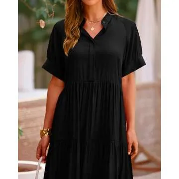 dowerme Women's Summer V Neck Short Sleeve Shirt Dresses 2025 Button Up Loose Fit Pleated Boho Flowy Midi Dress(Solid Black,Small)