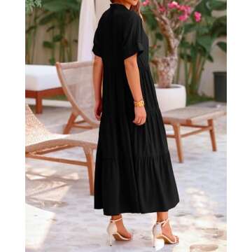 dowerme Women's Summer V Neck Short Sleeve Shirt Dresses 2025 Button Up Loose Fit Pleated Boho Flowy Midi Dress(Solid Black,Small)