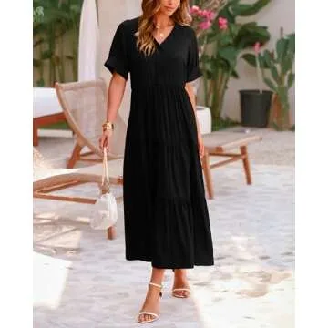 dowerme Women's Summer V Neck Short Sleeve Shirt Dresses 2025 Button Up Loose Fit Pleated Boho Flowy Midi Dress(Solid Black,Small)