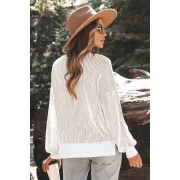 Womens Sweaters Fall 2025 Clothes Oversized Long Sleeve Colorblock Striped Knit Pullover Tops Casual Winter Trendy Outfits(M,Khaki)