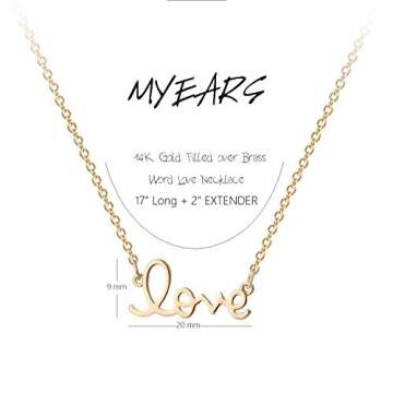 MYEARS Women Word Love Necklace Gold Cursive Pendant 14K Gold Plated Simple Dainty Chain Everyday Jewelry