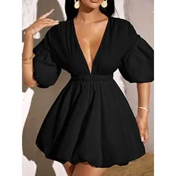 Stylish WDIRARA Deep V Neck Puff Sleeve Dress
