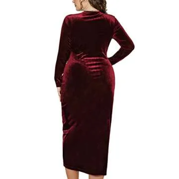 TINSTREE Womens Plus Size Long Sleeve Velvet Bodycon Dresses Sexy Ruched Wrap Deep V Neck Party Cocktail Dress Wine Red