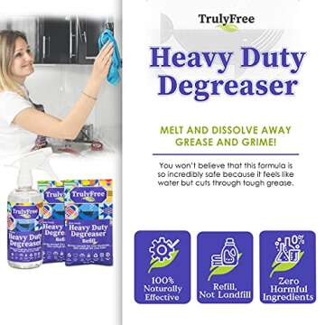 Truly Free Heavy Duty Degreaser- Grease Remover & Grime Cleaner for Kitchen, Automotive & More, Household Cleaning Supplies, Fragrance-Free, Includes 16 oz Reusable Empty Bottle & 2 Refills (4 oz)