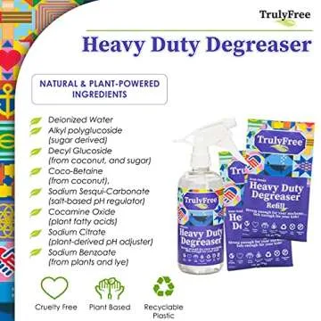 Truly Free Heavy Duty Degreaser- Grease Remover & Grime Cleaner for Kitchen, Automotive & More, Household Cleaning Supplies, Fragrance-Free, Includes 16 oz Reusable Empty Bottle & 2 Refills (4 oz)