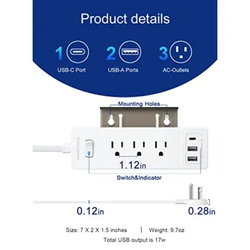 Leadchuang Power Strip Ultra-Flat Plug with USB C Ports