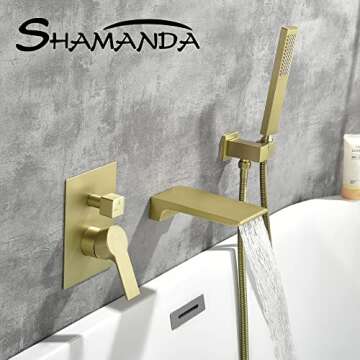 SHAMANDA Waterfall Wall Mounted Bathtub Faucet with Hand Shower, Bathroom Single Handle Tub Faucet Modern Brass Tub Shower Faucet Set(Including Rough-In Valve Body and Trim), Brushed Gold, L901-3