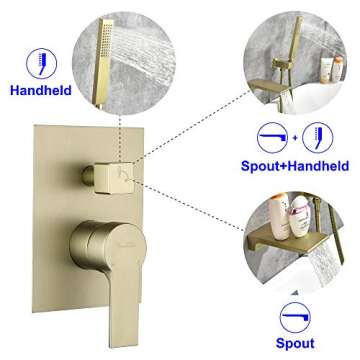 SHAMANDA Waterfall Wall Mounted Bathtub Faucet with Hand Shower, Bathroom Single Handle Tub Faucet Modern Brass Tub Shower Faucet Set(Including Rough-In Valve Body and Trim), Brushed Gold, L901-3