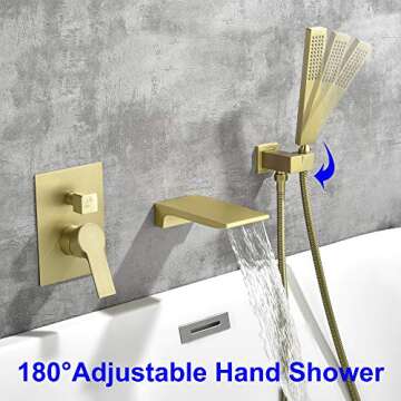 SHAMANDA Waterfall Wall Mounted Bathtub Faucet with Hand Shower, Bathroom Single Handle Tub Faucet Modern Brass Tub Shower Faucet Set(Including Rough-In Valve Body and Trim), Brushed Gold, L901-3