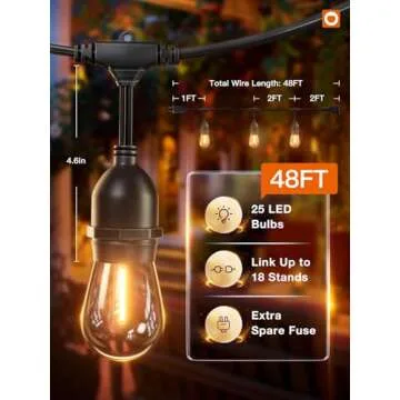 addlon 48FT LED Outdoor String Lights with 25 Edison Vintage Shatterproof Bulbs and Commercial Grade Weatherproof Strand - ETL Listed Heavy-Duty Decorative Lights for Patio Garden