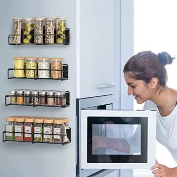 NICERZ 4 Pack Magnetic Spice Rack Organizer with Paper Towel Holder and 4 Hooks, Spices Organizer, M...