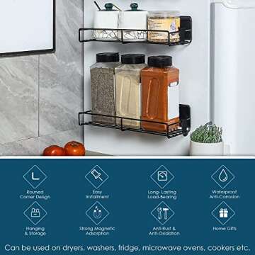 NICERZ 4 Pack Magnetic Spice Rack Organizer with Paper Towel Holder and 4 Hooks, Spices Organizer, Magnetic Shelf, Seasoning Organizer, Magnetic Spice Rack for Refrigerator Fridge Oven, Black