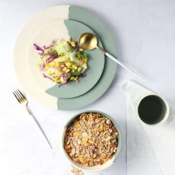 MORGIANA 8 Piece Reusable Dinnerware Sets, Bamboo kitchen Plates Bowls Cups Set, Eco Friendly Outdoor Camping Dishes Set for 2 (Green& White)