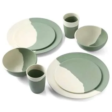 MORGIANA 8 Piece Reusable Dinnerware Sets, Bamboo kitchen Plates Bowls Cups Set, Eco Friendly Outdoor Camping Dishes Set for 2 (Green& White)