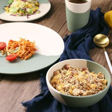 MORGIANA 8 Piece Reusable Dinnerware Sets, Bamboo kitchen Plates Bowls Cups Set, Eco Friendly Outdoor Camping Dishes Set for 2 (Green& White)