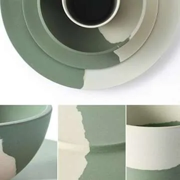 MORGIANA 8 Piece Reusable Dinnerware Sets, Bamboo kitchen Plates Bowls Cups Set, Eco Friendly Outdoor Camping Dishes Set for 2 (Green& White)