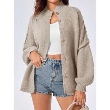 Saodimallsu Womens Oversized Cardigans Long Lantern Sleeve Button Down Chunky Knit Loose Fall Sweater Coats Khaki