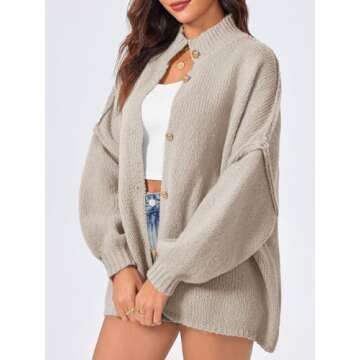 Saodimallsu Womens Oversized Cardigans Long Lantern Sleeve Button Down Chunky Knit Loose Fall Sweater Coats Khaki