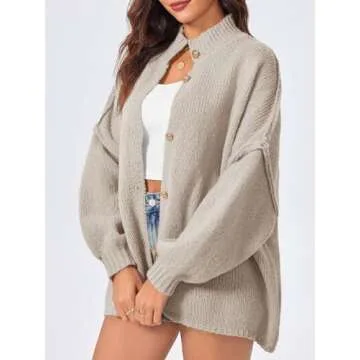 Saodimallsu Womens Oversized Cardigans Long Lantern Sleeve Button Down Chunky Knit Loose Fall Sweater Coats Khaki