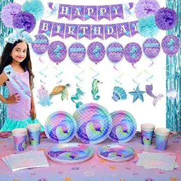 Nalyee Mermaid Party Supplies (Serves 16), Complete Mermaid Birthday Party Supplies, Mermaid Birthday Party Decorations for Girls, Mermaid Under The Sea Party Decor