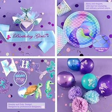 Nalyee Mermaid Party Supplies (Serves 16), Complete Mermaid Birthday Party Supplies, Mermaid Birthday Party Decorations for Girls, Mermaid Under The Sea Party Decor