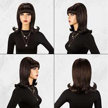 LONAI Retro Brown Wig 50s 60s 70s Wig with Bangs for Women Synthetic Hair for Halloween Costume Party