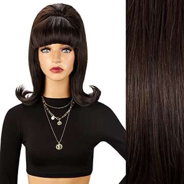 LONAI Retro Brown Wig 50s 60s 70s Wig with Bangs for Women Synthetic Hair for Halloween Costume Party
