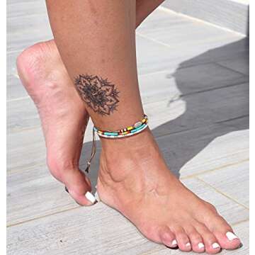 Boho Beaded Anklet Set for Women and Teen Girls, Bohemian Hippie Waterproof Adjustable String Anklets, Unique Colorful Beach Summer Foot Jewelry, Native American Style, Handmade by Tribes