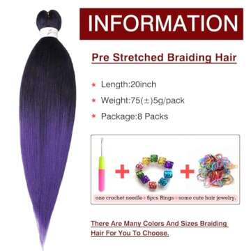 Braiding Hair Pre-Stretched 20'' - 8 Packs Hot Water Set Ombre Black to Purple