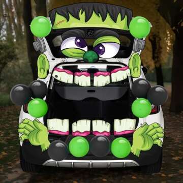 JOYIN Trunk Or Treat Car Decorations Kit Halloween Decorations Outdoor Indoor Frankenstein Car Stickers, Haunted House SUV Trunk Archway Car Garage Lawn Balloons