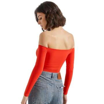 SUUKSESS Women Off the Shoulder Long Sleeve Bodysuit Top Double Lined Sexy Thong Bodysuits Shirts (Red,XS)