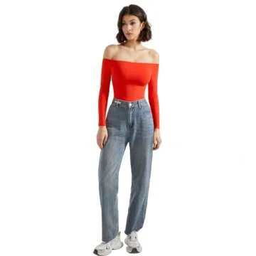 SUUKSESS Women Off the Shoulder Long Sleeve Bodysuit Top Double Lined Sexy Thong Bodysuits Shirts (Red,XS)