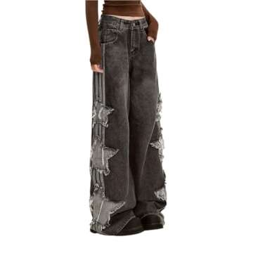 Lafaguw Baggy Jeans - Star Patchwork High Waist for Trendy Girls Y2K Style