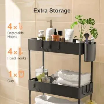 Pipishell Slim Storage Cart with Wheels, Bathroom Cart Organizer Bathroom Storage Small, Rolling Cart for Bathroom, Laundry Room, Kitchen, Narrow Space, Black PIUC05