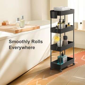 Pipishell Slim Storage Cart with Wheels, Bathroom Cart Organizer Bathroom Storage Small, Rolling Cart for Bathroom, Laundry Room, Kitchen, Narrow Space, Black PIUC05
