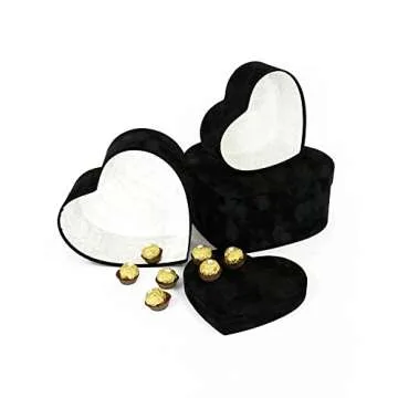 UNIKPACKAGING Premium Quality Heart Shaped Velvet Flower Boxes, SET OF 3, Gift Boxes for Luxury Flower and Gift Arrangements, with Lids, (Black)