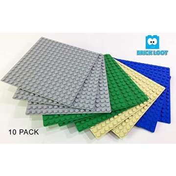 Brick Loot Toy Brick Compatible 5 X 5 in. Baseplates for Toy Model Construction Sets - 16x16 Variety Base Plate - Fits All Major Brands - Grey, Green, Blue, and Tan (10-Pack)