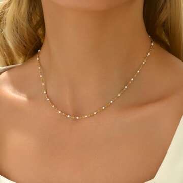 NONAMOIS Gold Chain Necklace for Women Dainty Gold Thin Enamel White Beaded Necklace Simple Gold Boh...