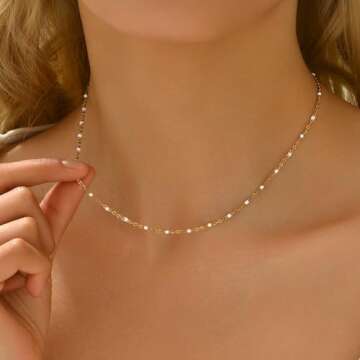 NONAMOIS Gold Chain Necklace for Women Dainty Gold Thin Enamel White Beaded Necklace Simple Gold Boho Bridal Jewelry