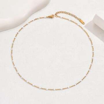 NONAMOIS Gold Chain Necklace for Women Dainty Gold Thin Enamel White Beaded Necklace Simple Gold Boho Bridal Jewelry