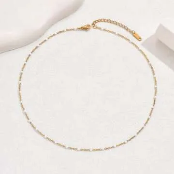 NONAMOIS Gold Chain Necklace for Women Dainty Gold Thin Enamel White Beaded Necklace Simple Gold Boho Bridal Jewelry