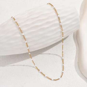 NONAMOIS Gold Chain Necklace for Women Dainty Gold Thin Enamel White Beaded Necklace Simple Gold Boho Bridal Jewelry